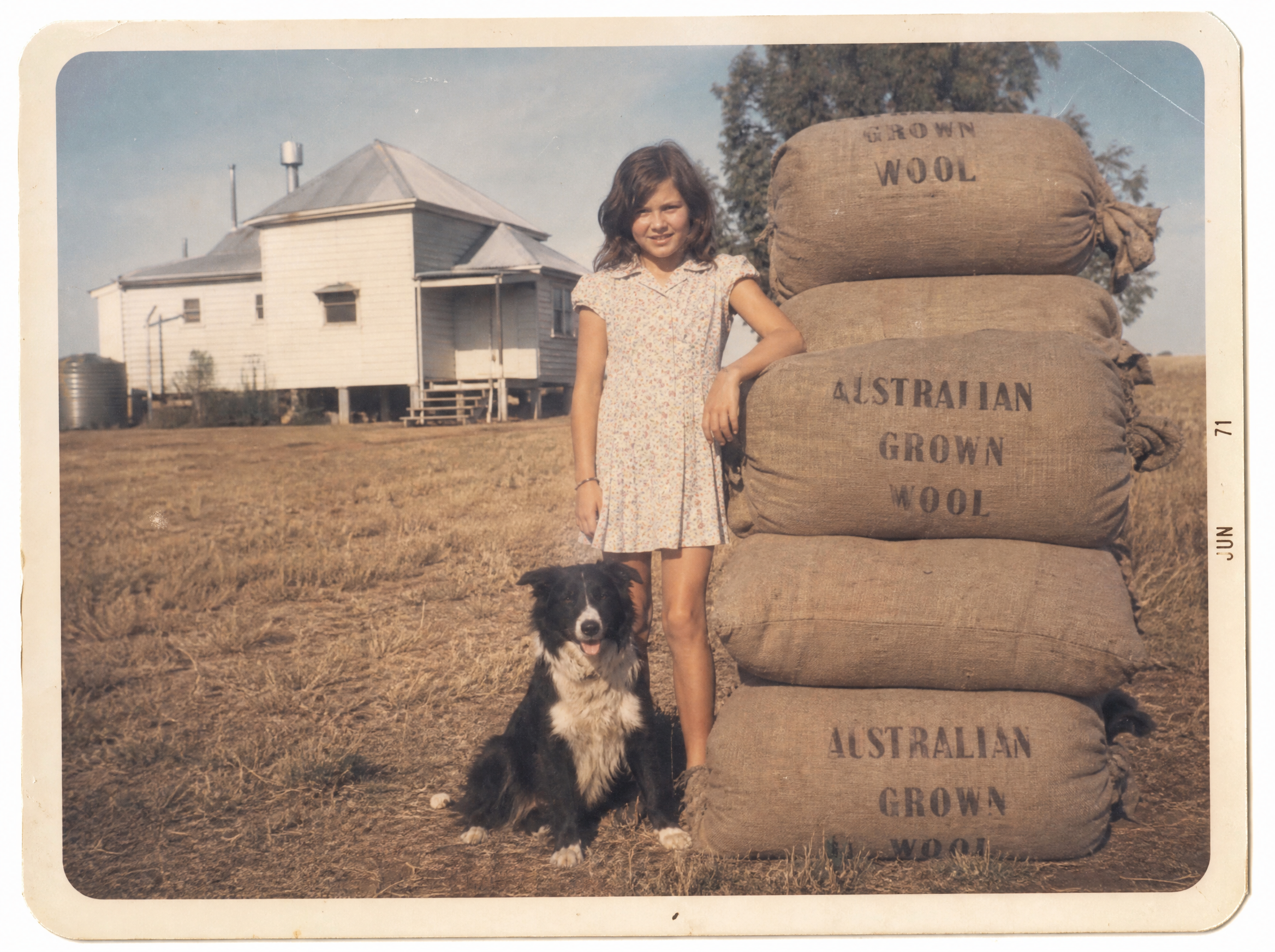 A faded 1971 photograph of Rosie as a girl on her grandmother's sheep station in the Darling Downs
