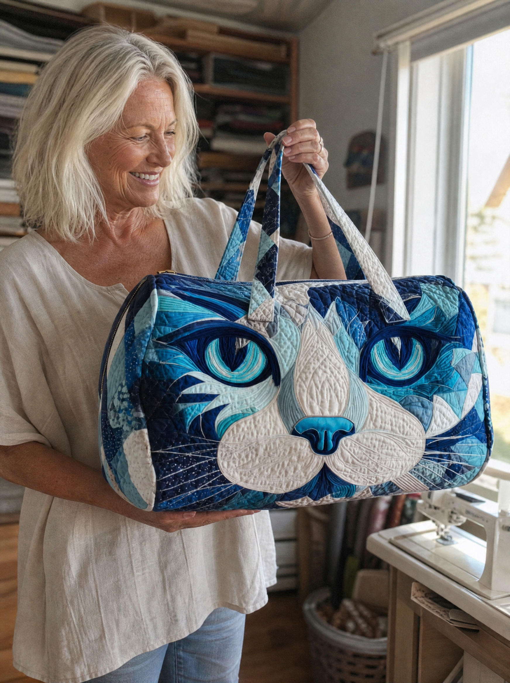 Rosie holding one of her hand-quilted Traveler Bags, Frost Cat design